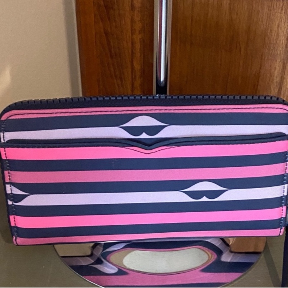 Kate Spade Pink and Blue Large Continental Striped Wallet Jae Nylon - Picture 2 of 8